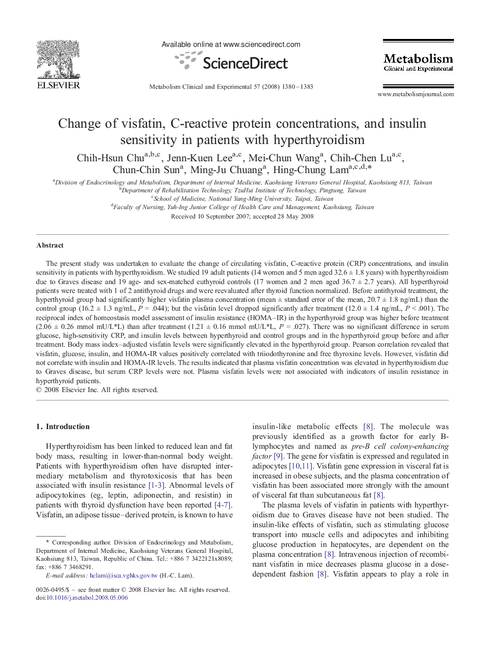 Change of visfatin, C-reactive protein concentrations, and insulin sensitivity in patients with hyperthyroidism