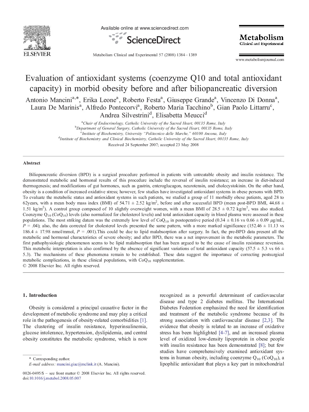 Evaluation of antioxidant systems (coenzyme Q10 and total antioxidant capacity) in morbid obesity before and after biliopancreatic diversion