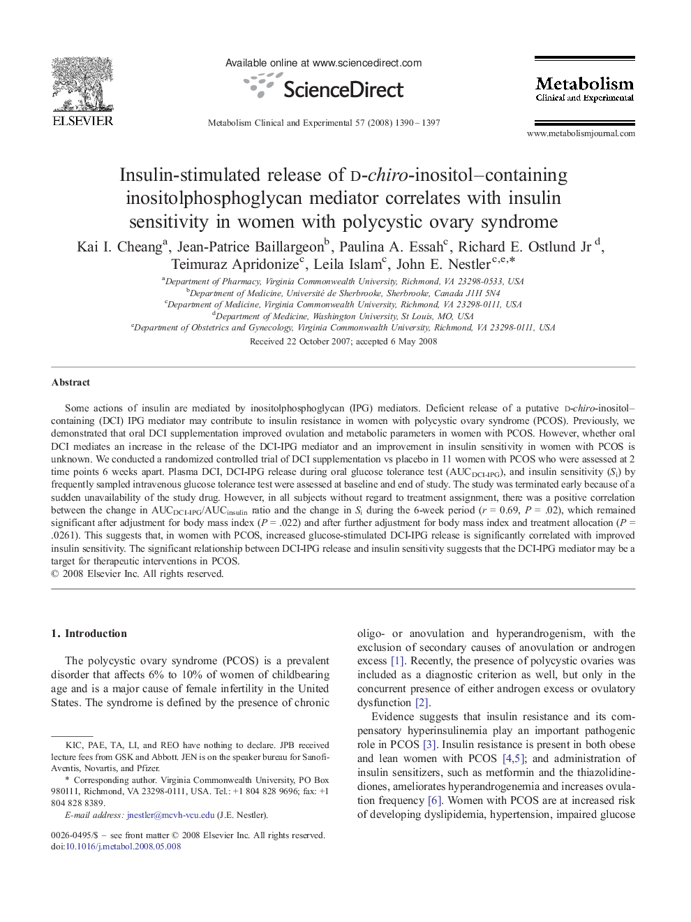 Insulin-stimulated release of d-chiro-inositol-containing inositolphosphoglycan mediator correlates with insulin sensitivity in women with polycystic ovary syndrome