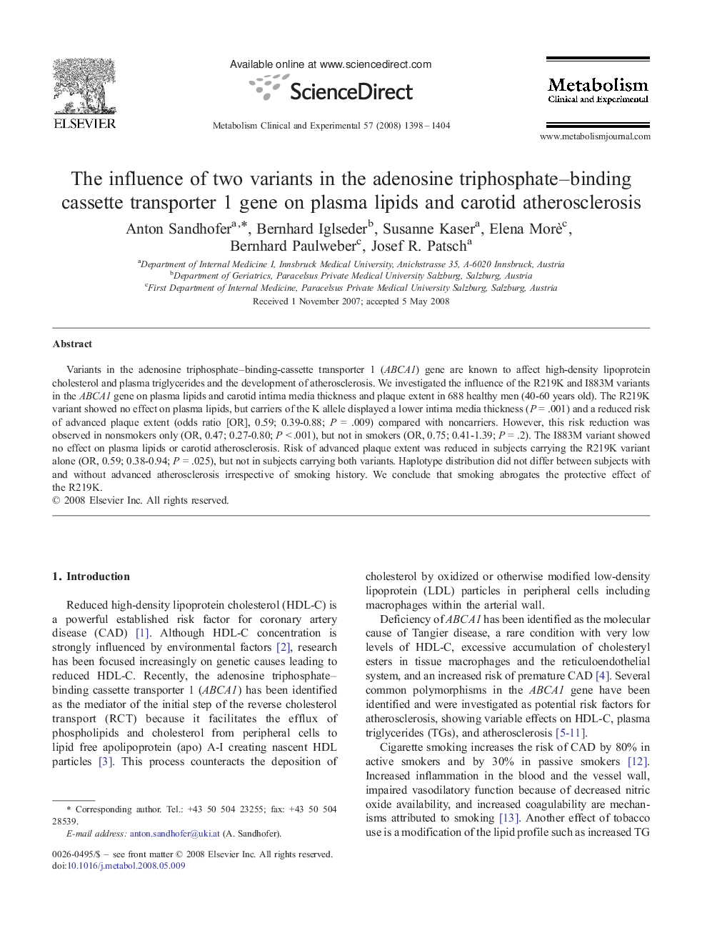 The influence of two variants in the adenosine triphosphate–binding cassette transporter 1 gene on plasma lipids and carotid atherosclerosis