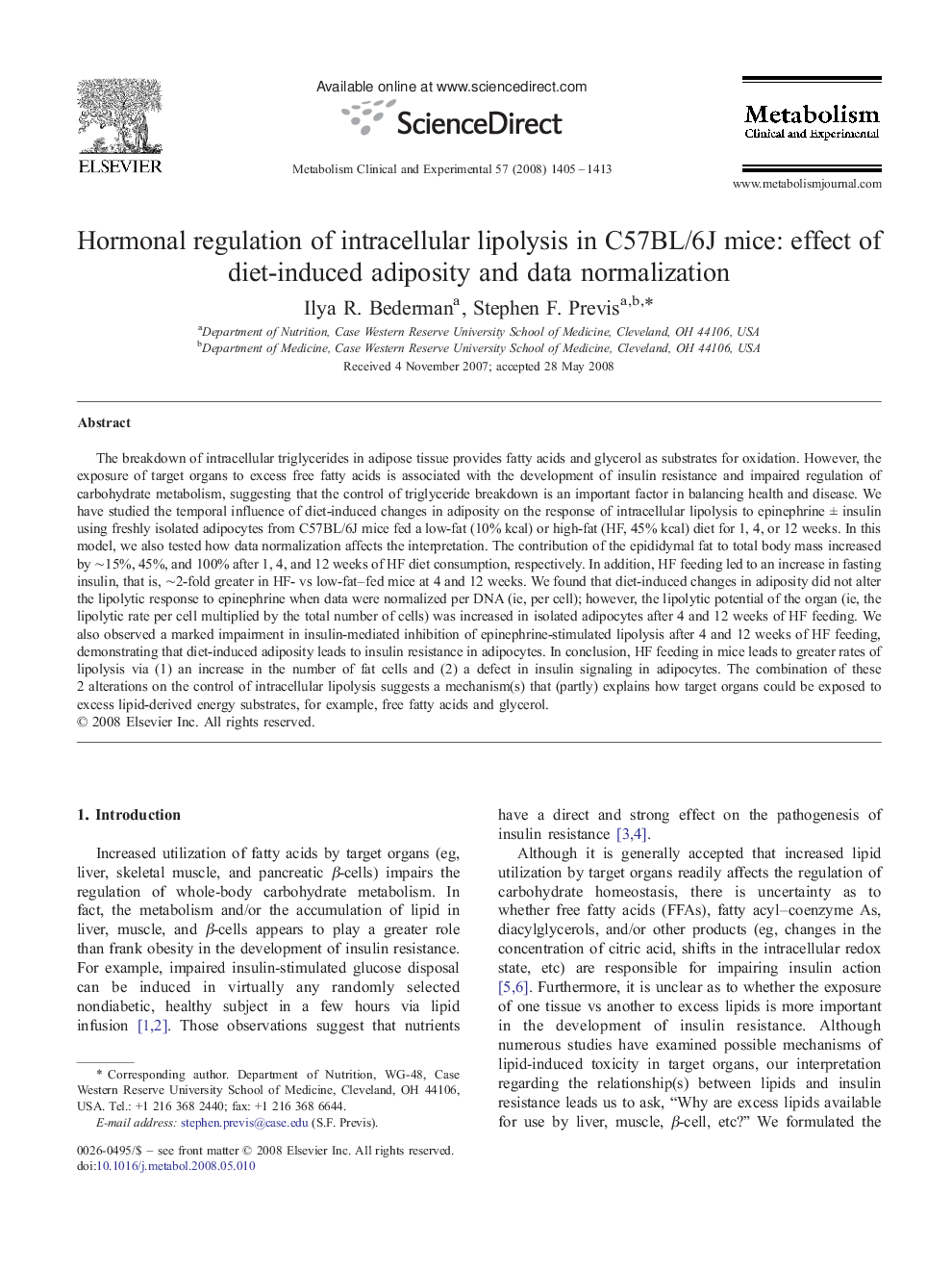 Hormonal regulation of intracellular lipolysis in C57BL/6J mice: effect of diet-induced adiposity and data normalization