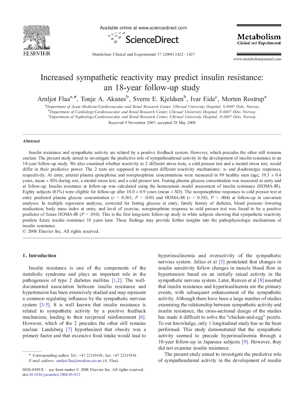 Increased sympathetic reactivity may predict insulin resistance: an 18-year follow-up study