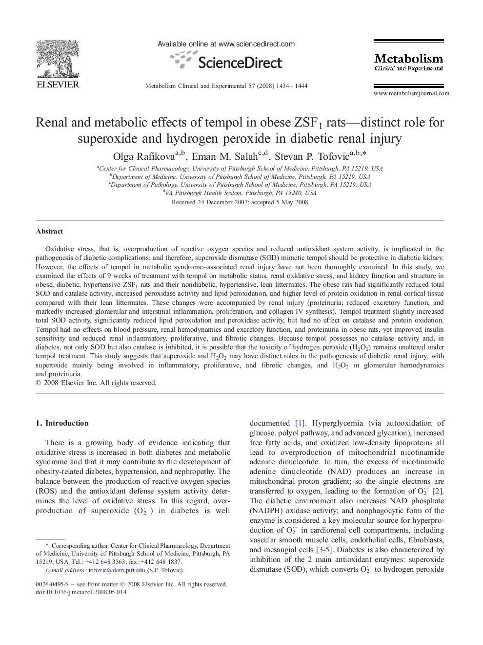 Renal and metabolic effects of tempol in obese ZSF1 rats—distinct role for superoxide and hydrogen peroxide in diabetic renal injury