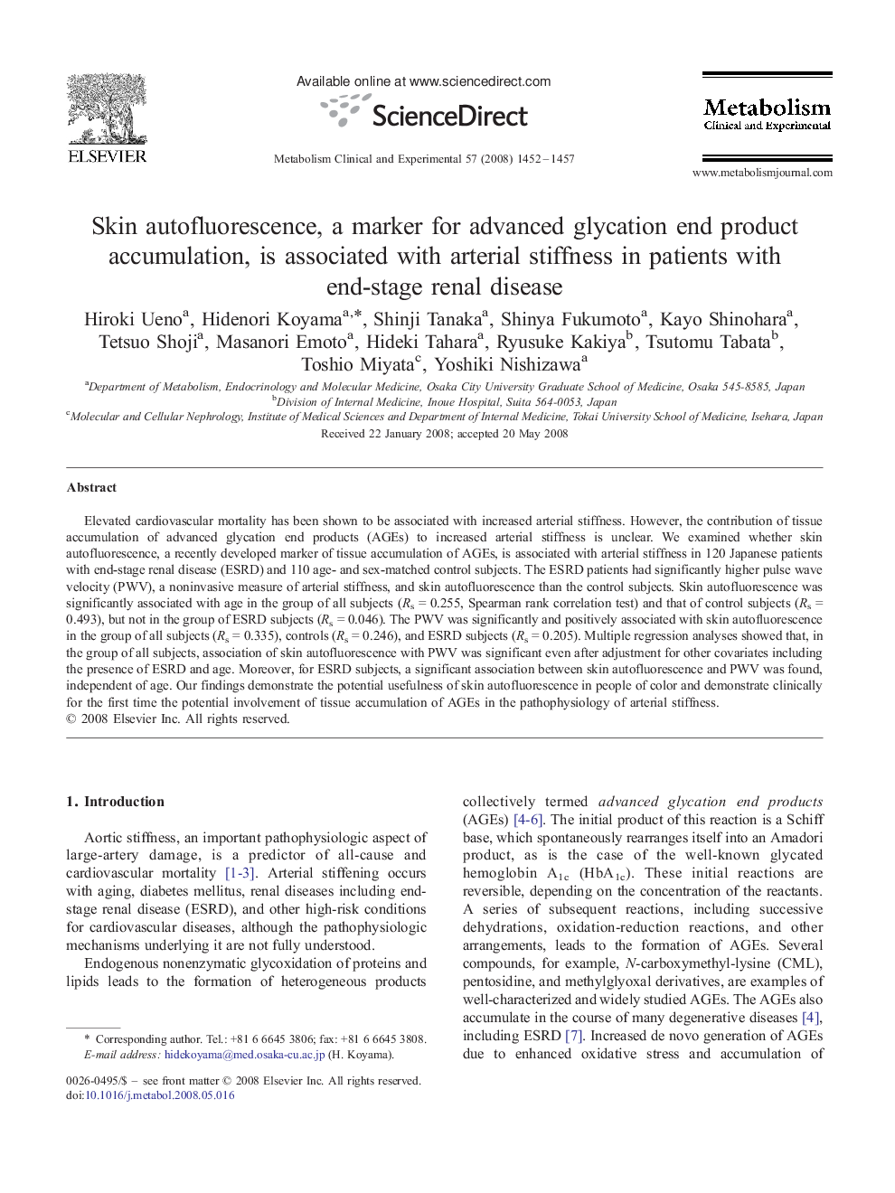 Skin autofluorescence, a marker for advanced glycation end product accumulation, is associated with arterial stiffness in patients with end-stage renal disease