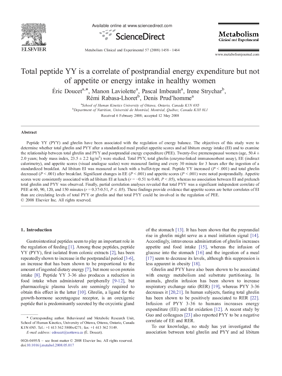 Total peptide YY is a correlate of postprandial energy expenditure but not of appetite or energy intake in healthy women