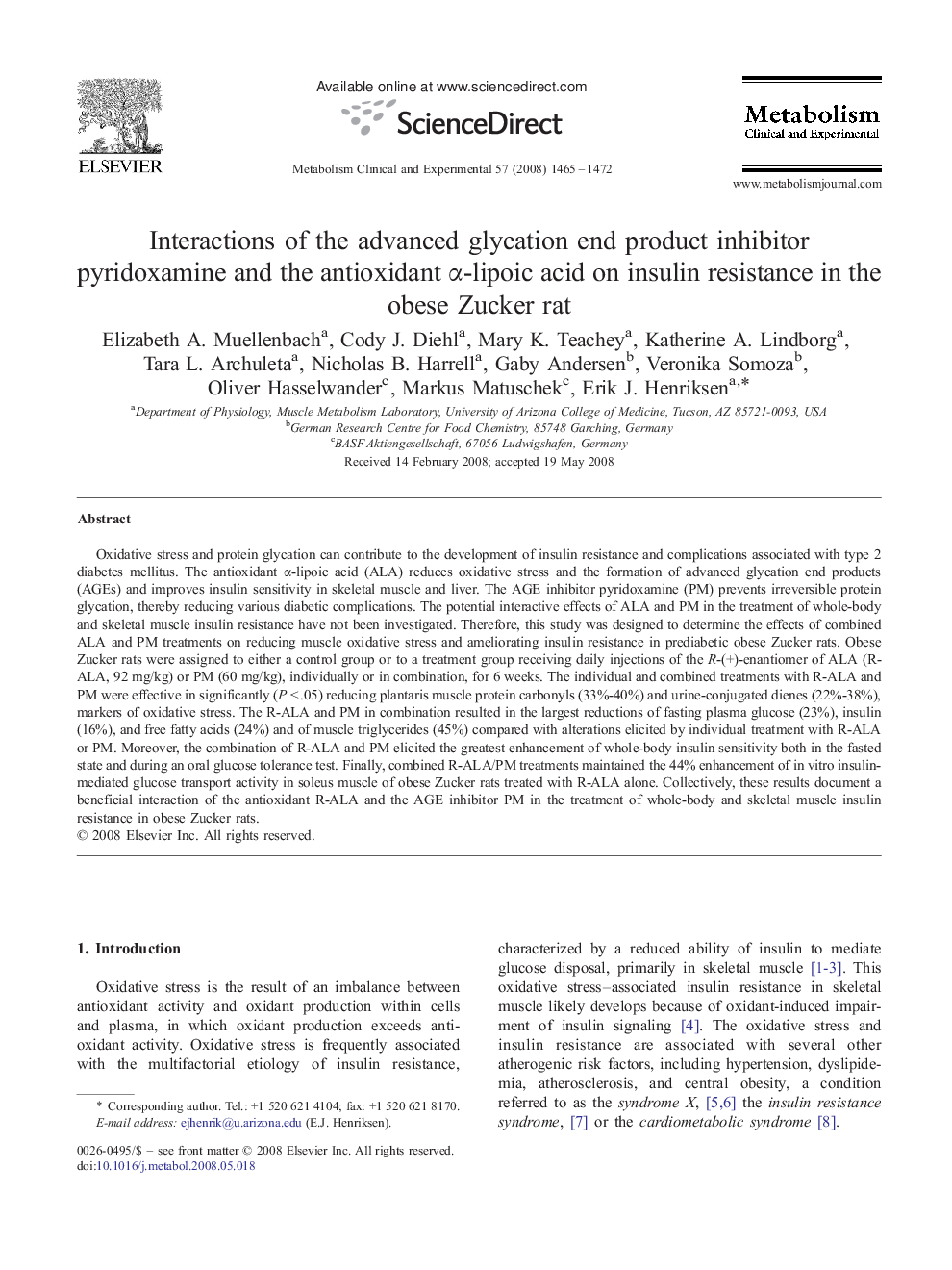 Interactions of the advanced glycation end product inhibitor pyridoxamine and the antioxidant α-lipoic acid on insulin resistance in the obese Zucker rat