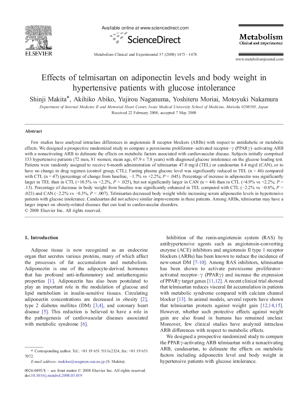 Effects of telmisartan on adiponectin levels and body weight in hypertensive patients with glucose intolerance