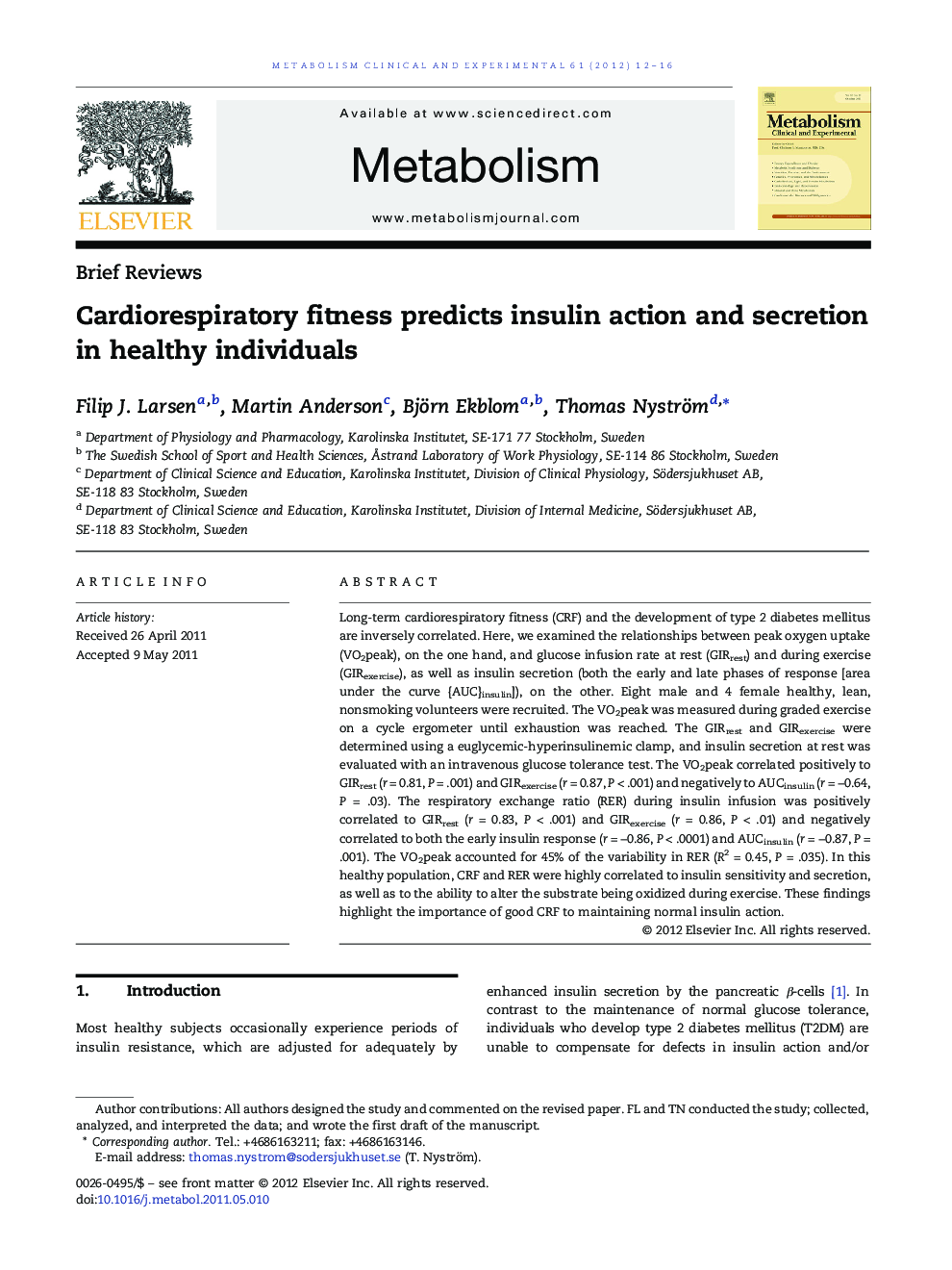 Cardiorespiratory fitness predicts insulin action and secretion in healthy individuals 