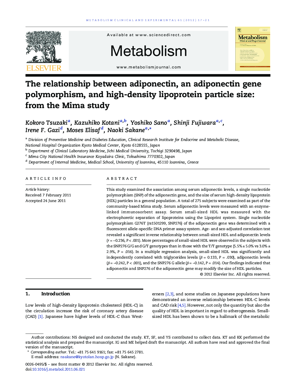 The relationship between adiponectin, an adiponectin gene polymorphism, and high-density lipoprotein particle size: from the Mima study 