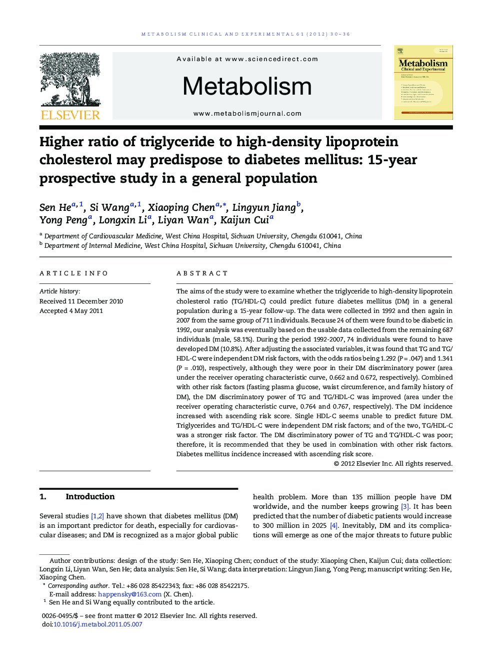 Higher ratio of triglyceride to high-density lipoprotein cholesterol may predispose to diabetes mellitus: 15-year prospective study in a general population 
