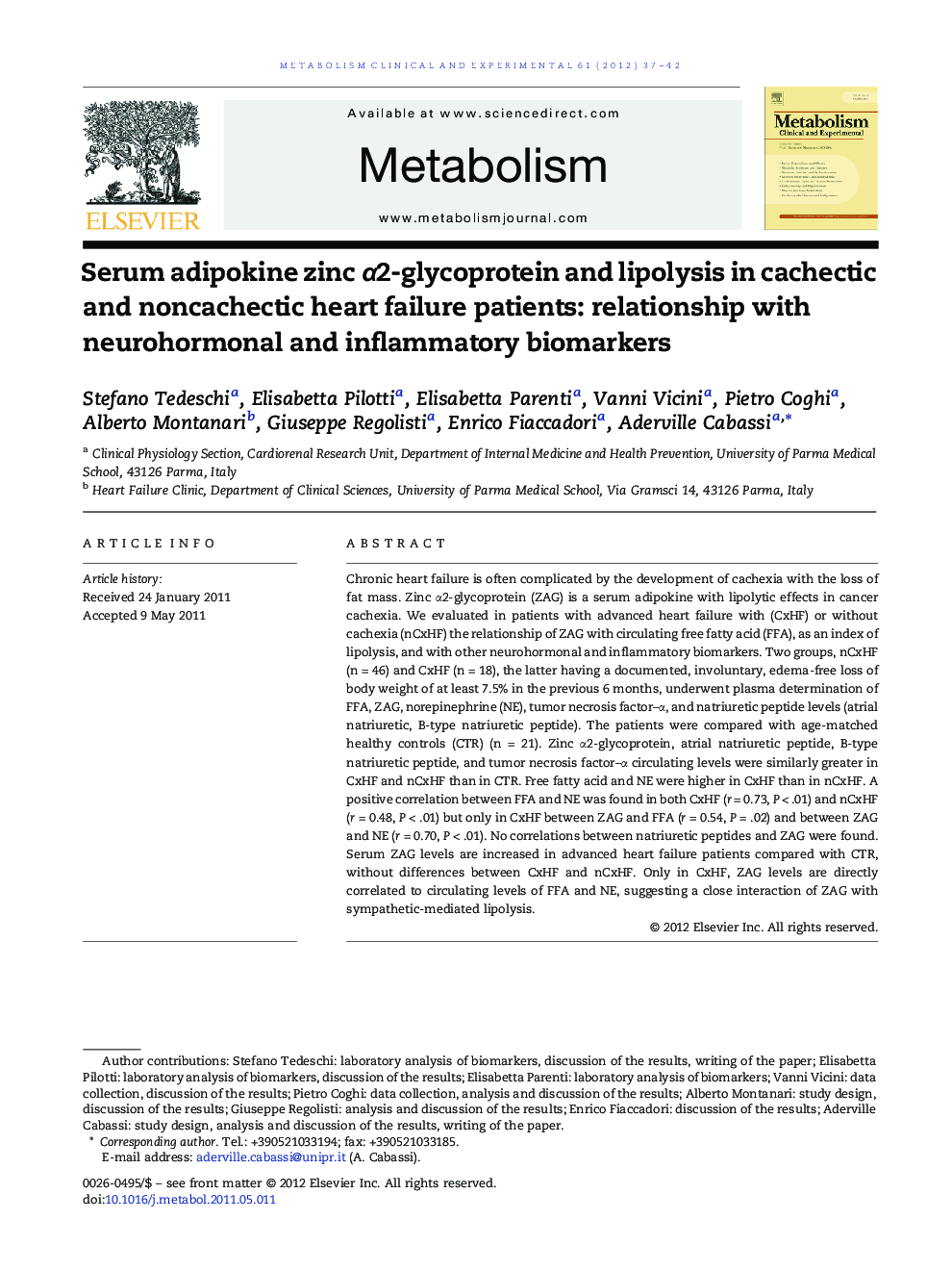 Serum adipokine zinc α2-glycoprotein and lipolysis in cachectic and noncachectic heart failure patients: relationship with neurohormonal and inflammatory biomarkers 