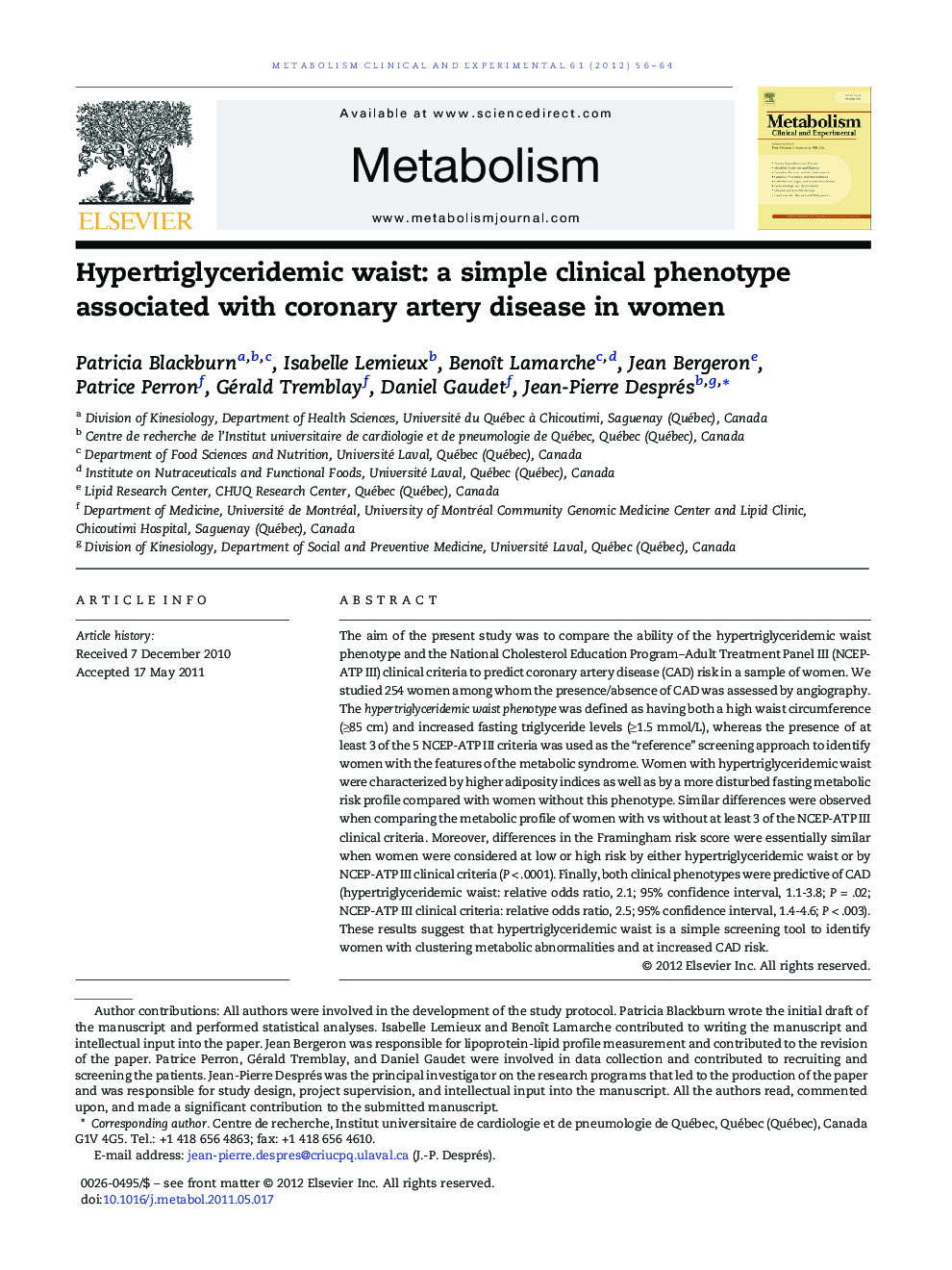Hypertriglyceridemic waist: a simple clinical phenotype associated with coronary artery disease in women 