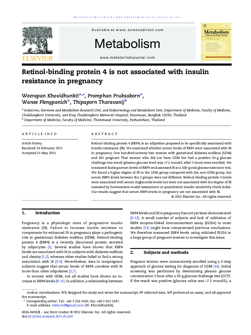 Retinol-binding protein 4 is not associated with insulin resistance in pregnancy 