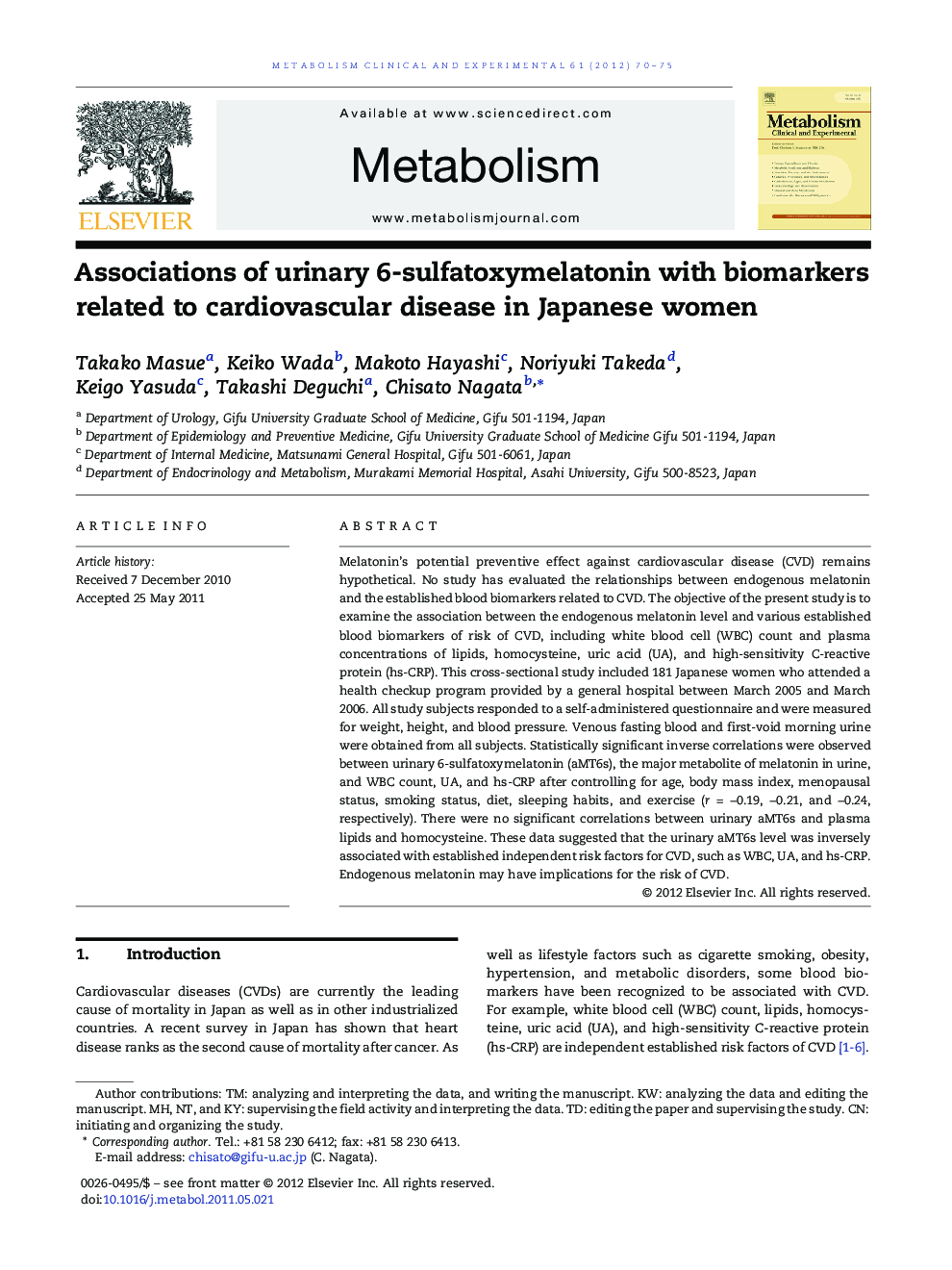 Associations of urinary 6-sulfatoxymelatonin with biomarkers related to cardiovascular disease in Japanese women 