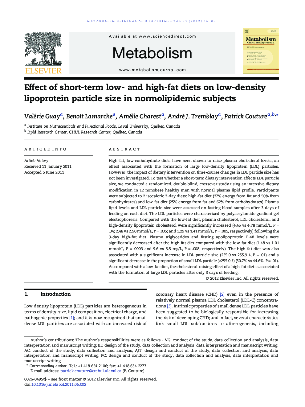 Effect of short-term low- and high-fat diets on low-density lipoprotein particle size in normolipidemic subjects 