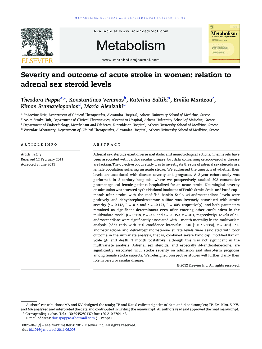 Severity and outcome of acute stroke in women: relation to adrenal sex steroid levels