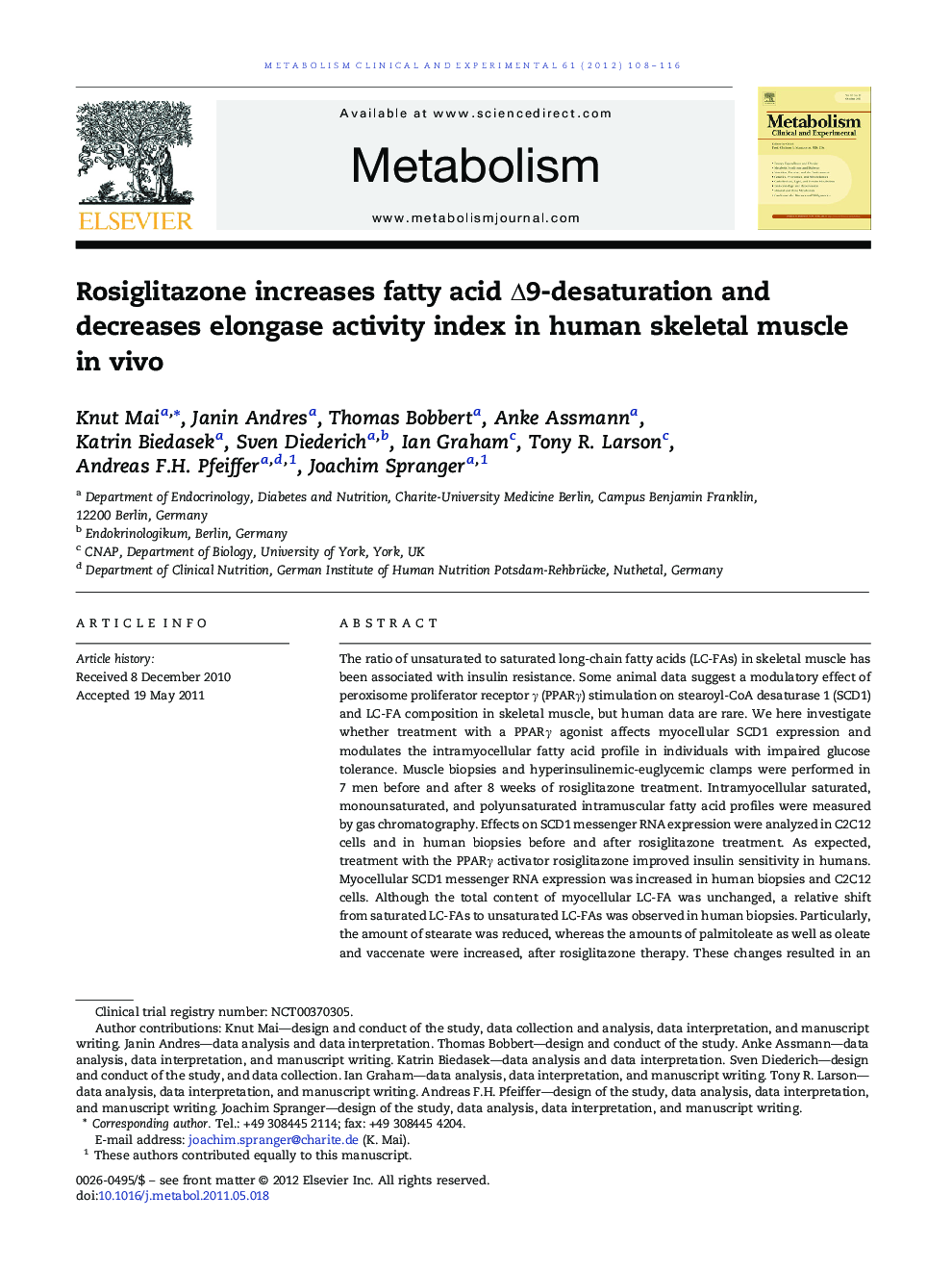 Rosiglitazone increases fatty acid Δ9-desaturation and decreases elongase activity index in human skeletal muscle in vivo 