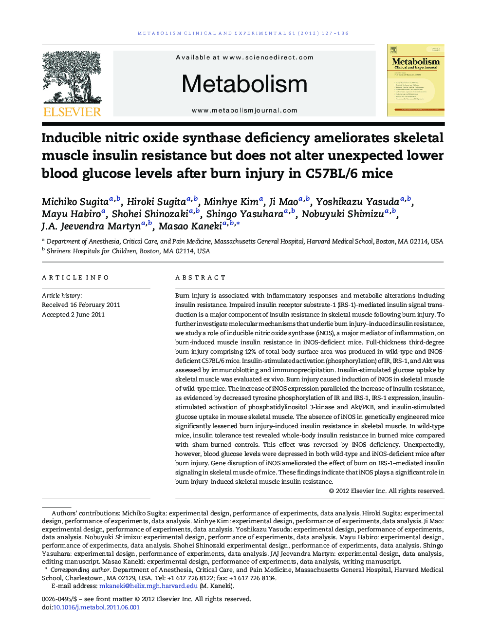 Inducible nitric oxide synthase deficiency ameliorates skeletal muscle insulin resistance but does not alter unexpected lower blood glucose levels after burn injury in C57BL/6 mice 