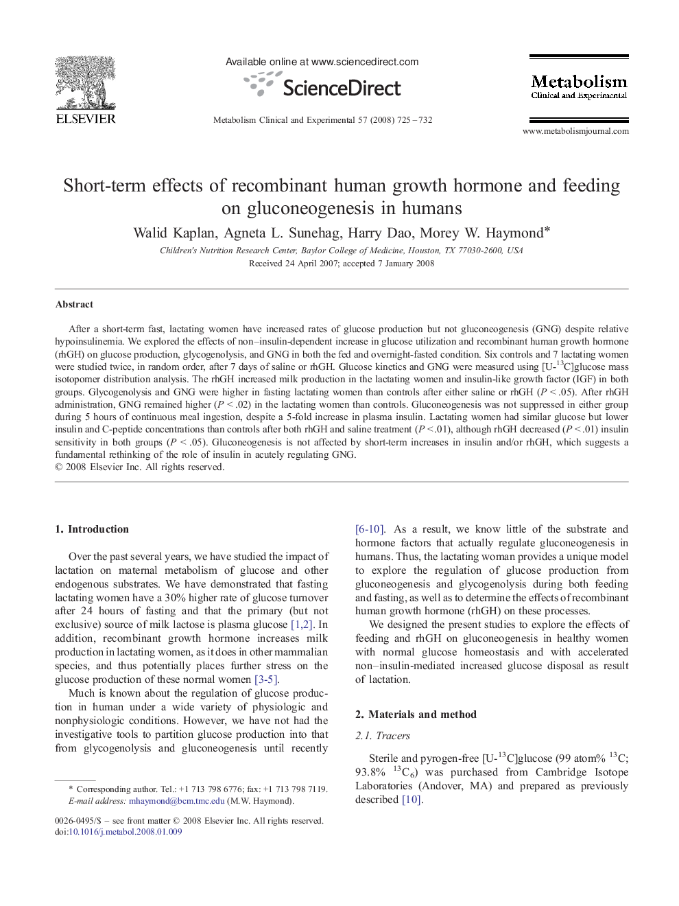 Short-term effects of recombinant human growth hormone and feeding on gluconeogenesis in humans