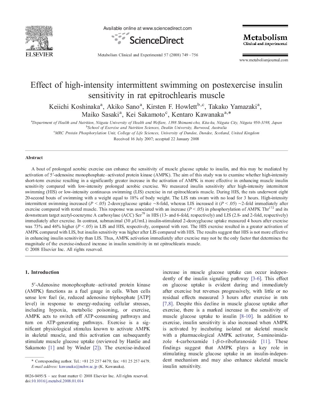 Effect of high-intensity intermittent swimming on postexercise insulin sensitivity in rat epitrochlearis muscle