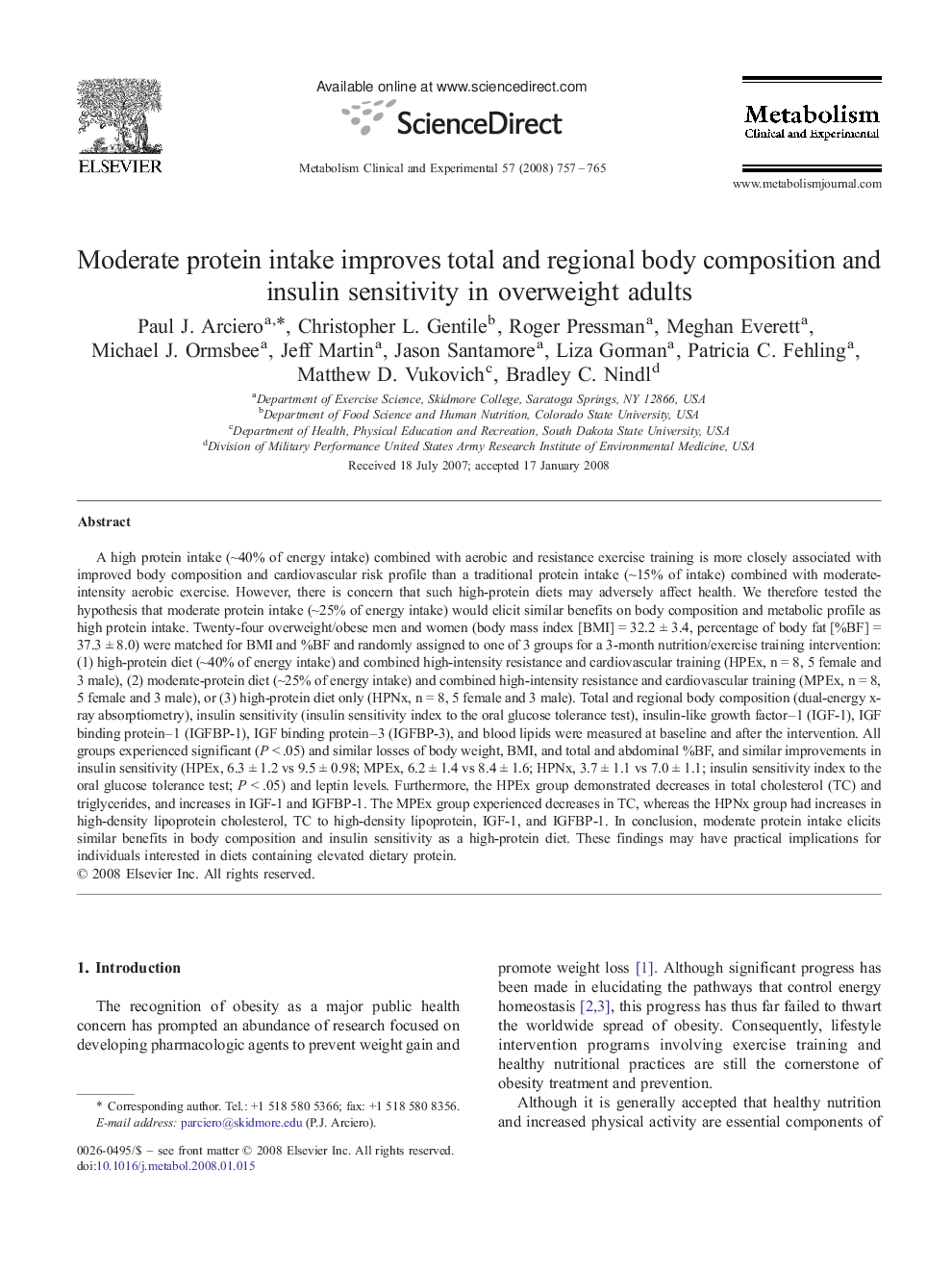 Moderate protein intake improves total and regional body composition and insulin sensitivity in overweight adults