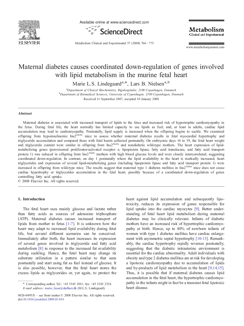 Maternal diabetes causes coordinated down-regulation of genes involved with lipid metabolism in the murine fetal heart