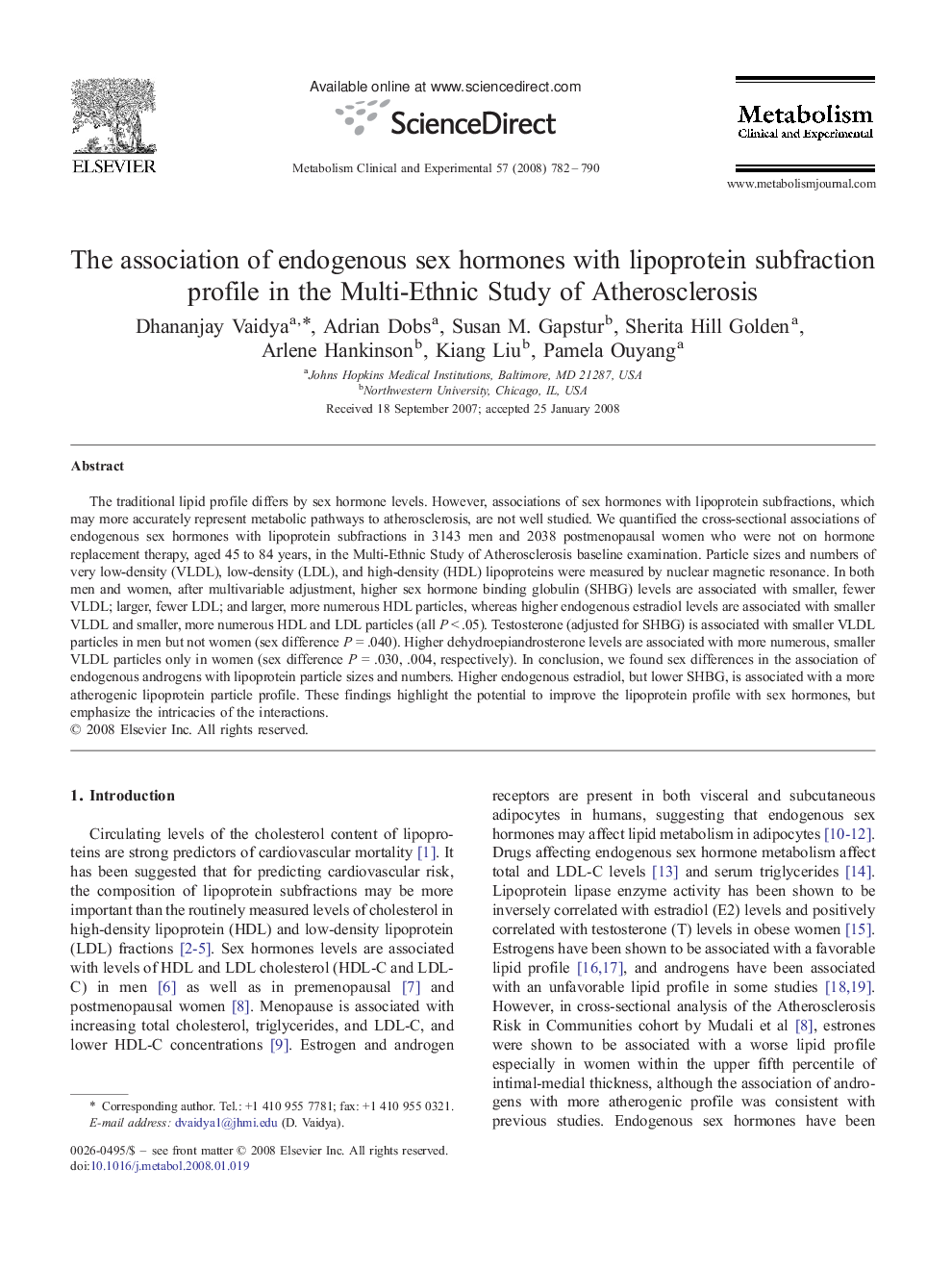 The association of endogenous sex hormones with lipoprotein subfraction profile in the Multi-Ethnic Study of Atherosclerosis