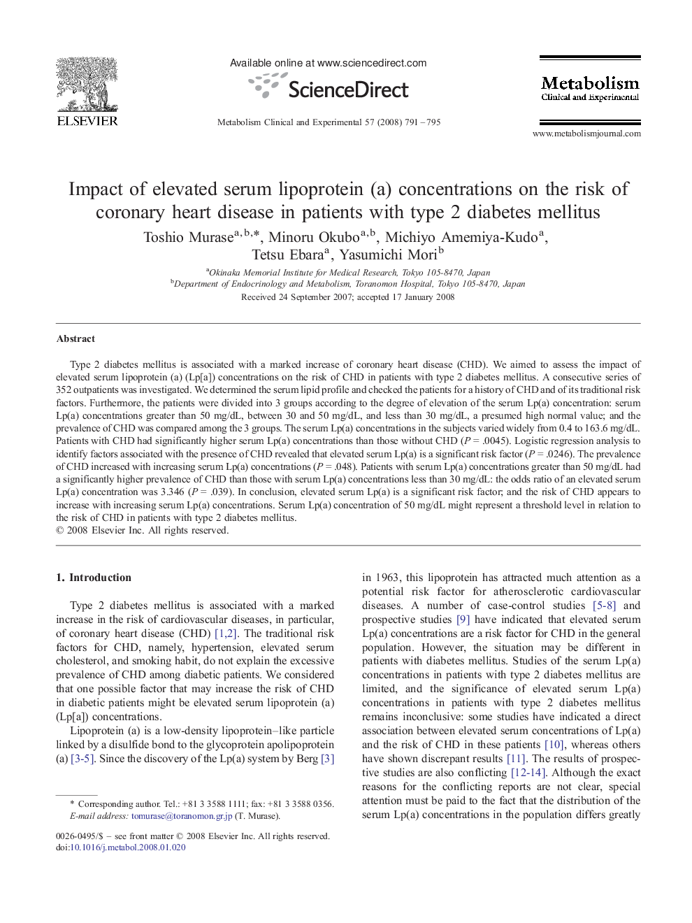 Impact of elevated serum lipoprotein (a) concentrations on the risk of coronary heart disease in patients with type 2 diabetes mellitus