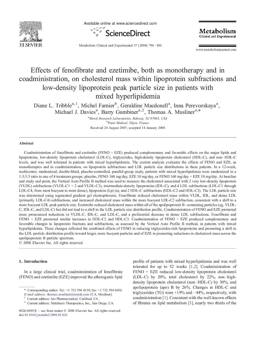 Effects of fenofibrate and ezetimibe, both as monotherapy and in coadministration, on cholesterol mass within lipoprotein subfractions and low-density lipoprotein peak particle size in patients with mixed hyperlipidemia