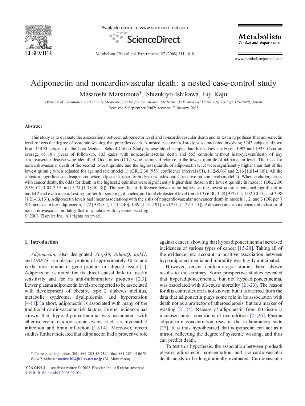 Adiponectin and noncardiovascular death: a nested case-control study