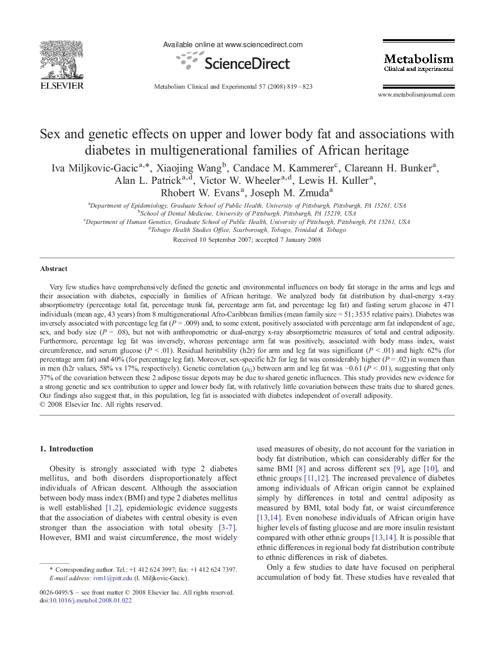 Sex and genetic effects on upper and lower body fat and associations with diabetes in multigenerational families of African heritage