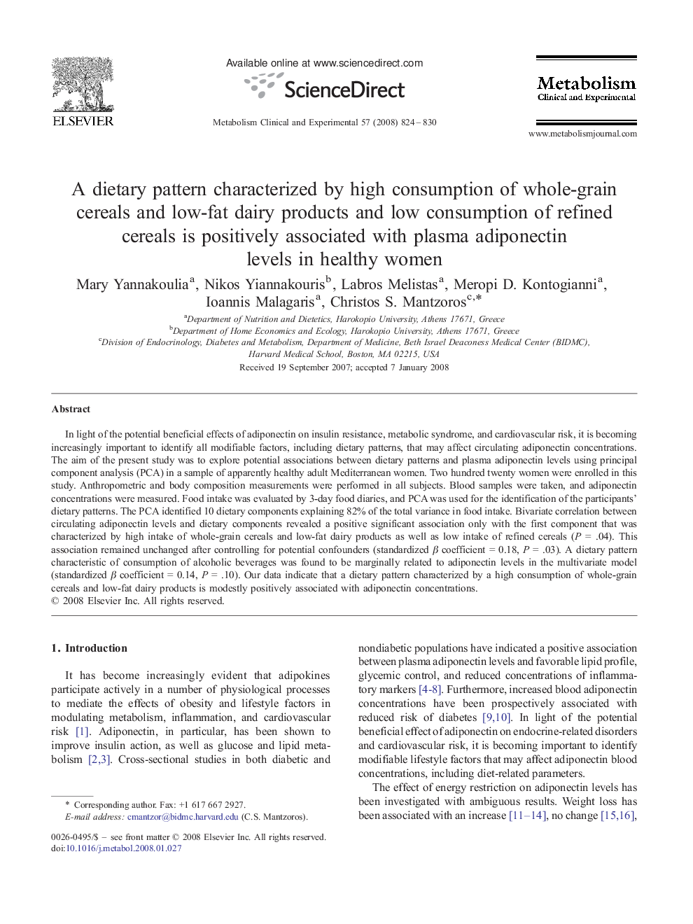 A dietary pattern characterized by high consumption of whole-grain cereals and low-fat dairy products and low consumption of refined cereals is positively associated with plasma adiponectin levels in healthy women