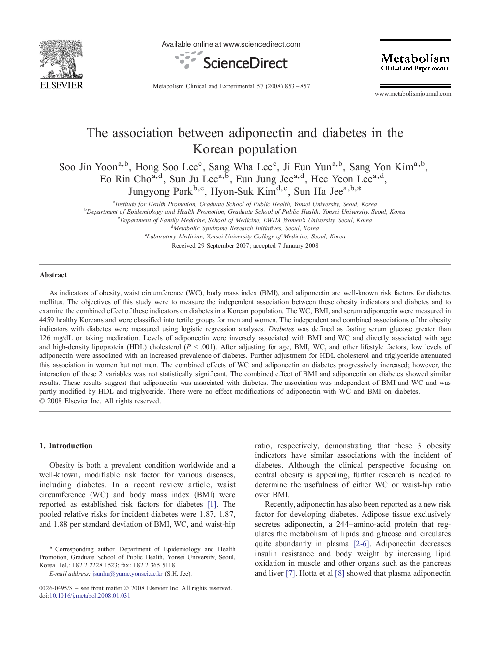 The association between adiponectin and diabetes in the Korean population