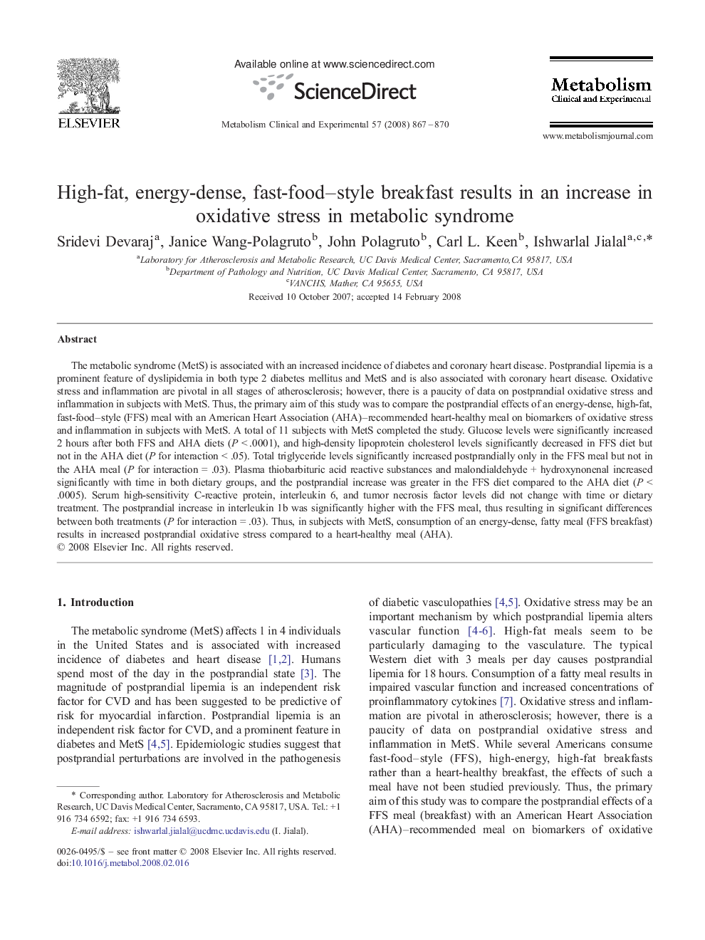 High-fat, energy-dense, fast-food–style breakfast results in an increase in oxidative stress in metabolic syndrome