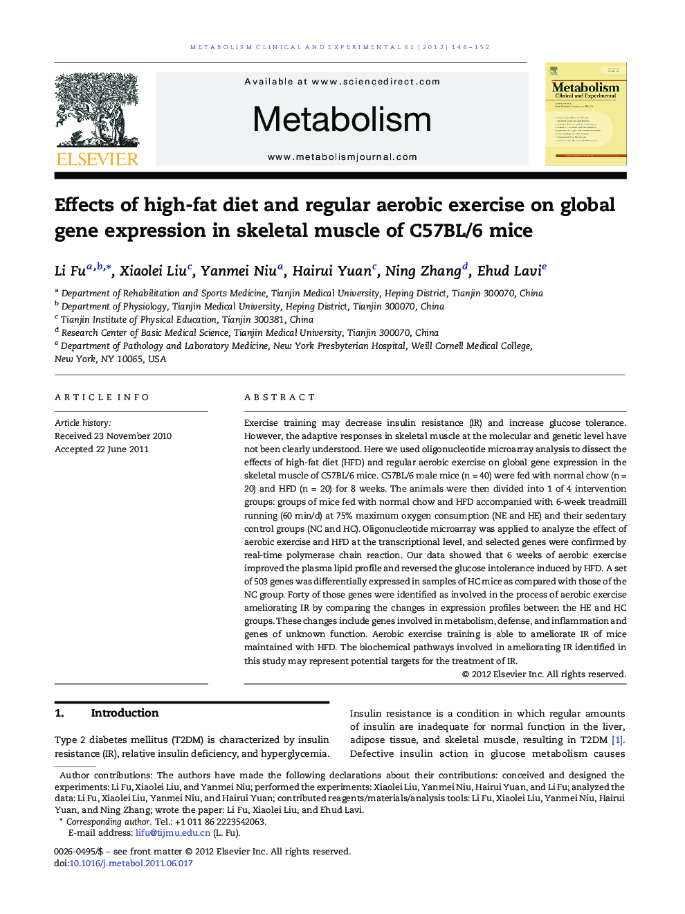 Effects of high-fat diet and regular aerobic exercise on global gene expression in skeletal muscle of C57BL/6 mice 