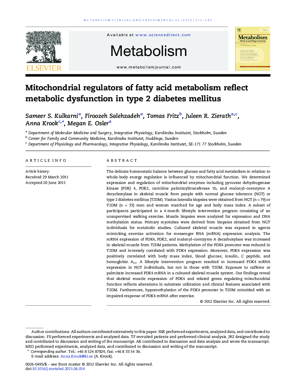 Mitochondrial regulators of fatty acid metabolism reflect metabolic dysfunction in type 2 diabetes mellitus 