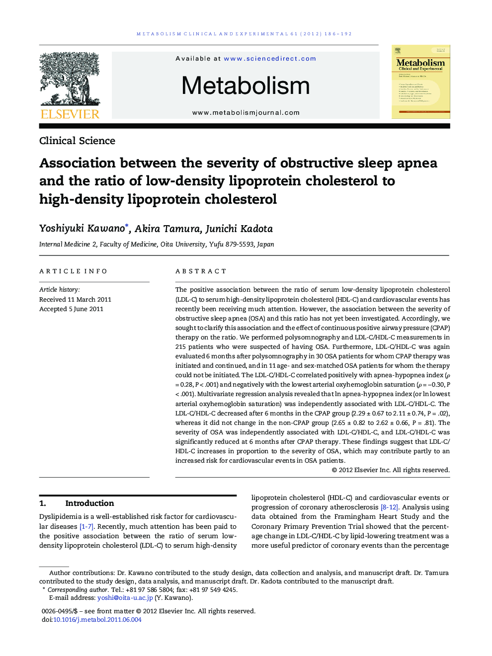 Association between the severity of obstructive sleep apnea and the ratio of low-density lipoprotein cholesterol to high-density lipoprotein cholesterol 