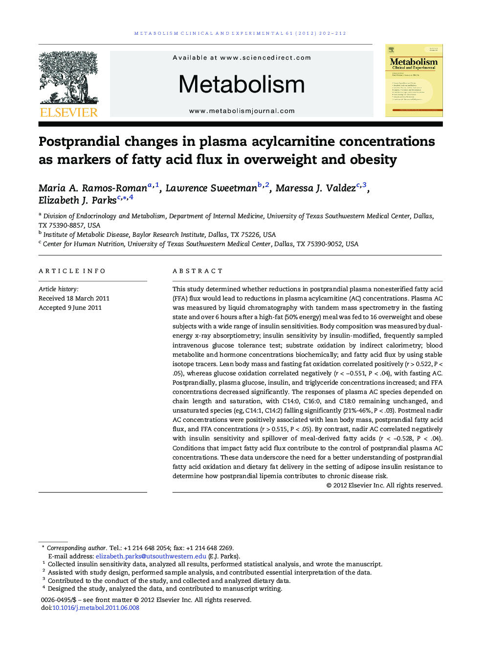 Postprandial changes in plasma acylcarnitine concentrations as markers of fatty acid flux in overweight and obesity
