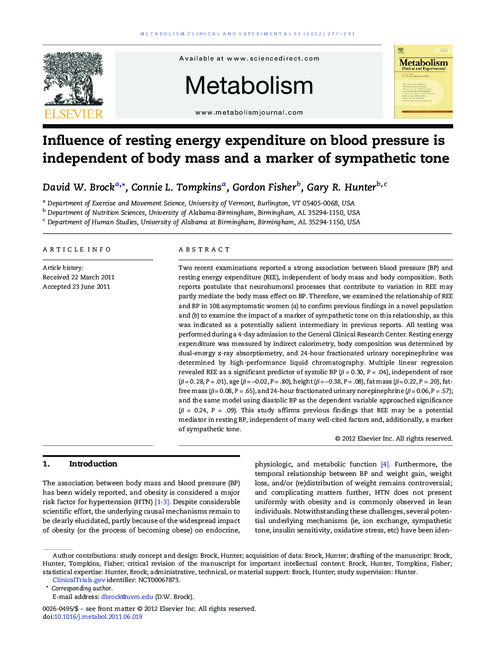 Influence of resting energy expenditure on blood pressure is independent of body mass and a marker of sympathetic tone 