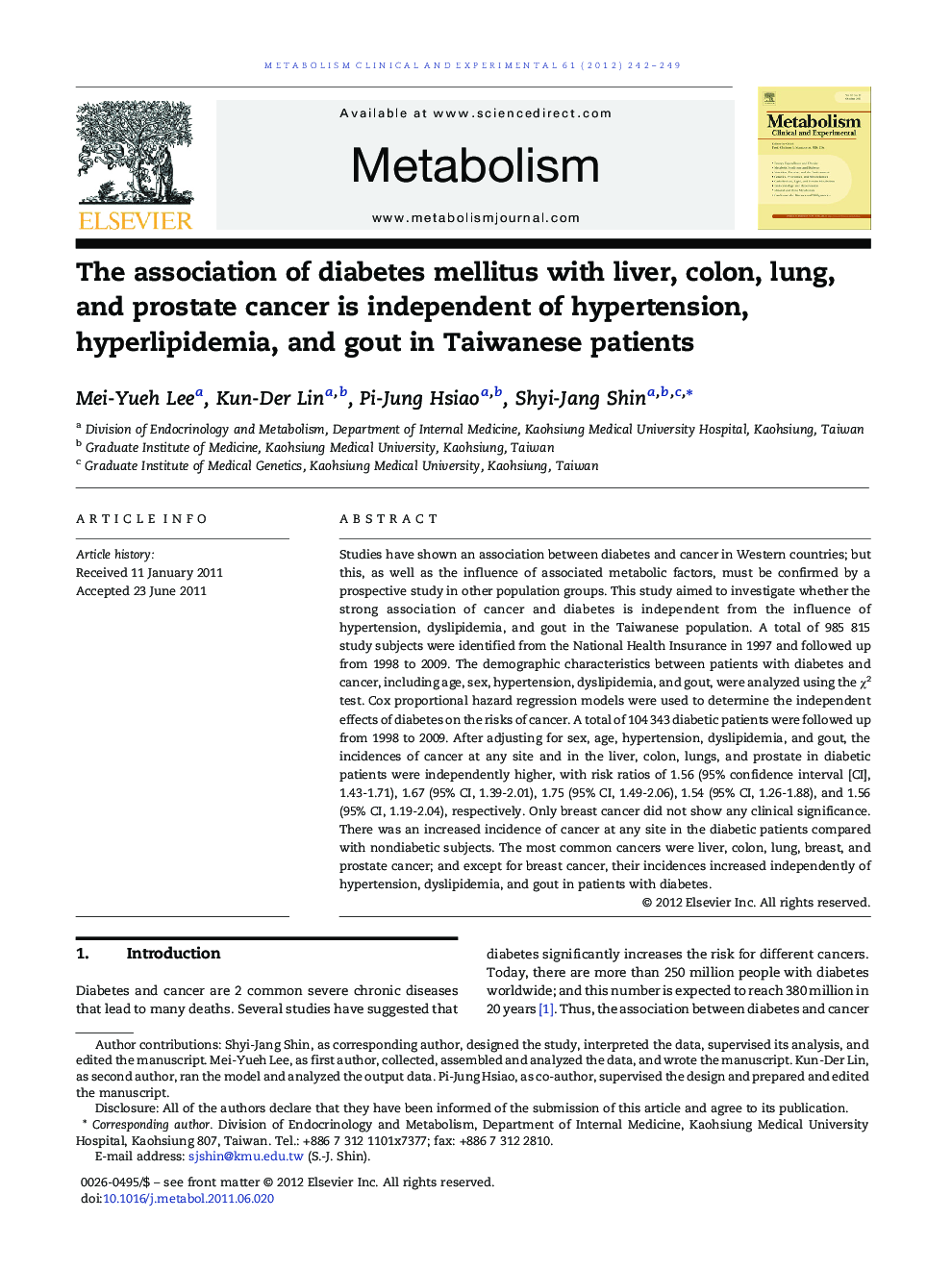 The association of diabetes mellitus with liver, colon, lung, and prostate cancer is independent of hypertension, hyperlipidemia, and gout in Taiwanese patients 