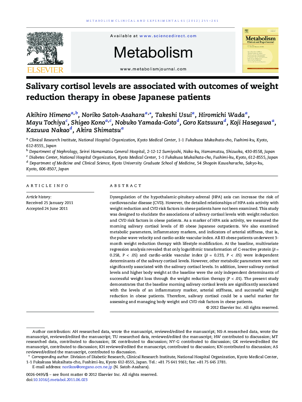 Salivary cortisol levels are associated with outcomes of weight reduction therapy in obese Japanese patients 