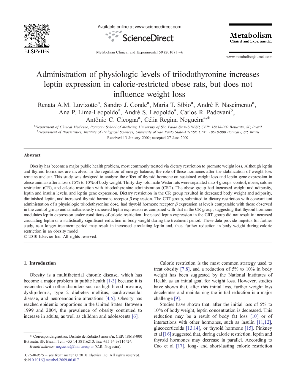 Administration of physiologic levels of triiodothyronine increases leptin expression in calorie-restricted obese rats, but does not influence weight loss