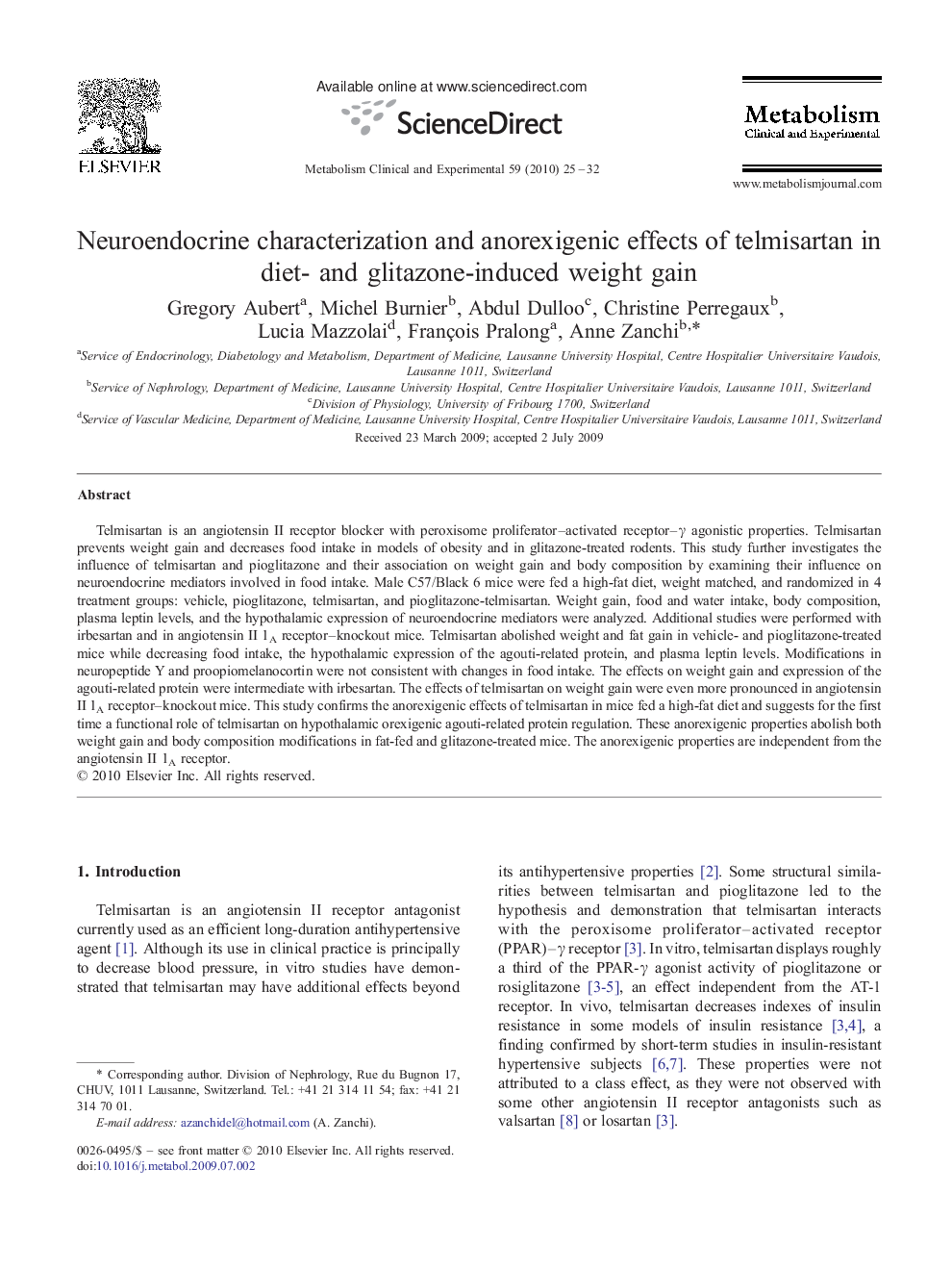 Neuroendocrine characterization and anorexigenic effects of telmisartan in diet- and glitazone-induced weight gain
