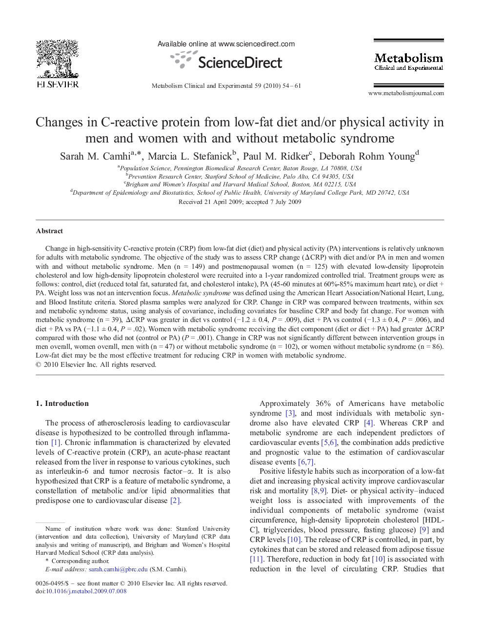 Changes in C-reactive protein from low-fat diet and/or physical activity in men and women with and without metabolic syndrome 