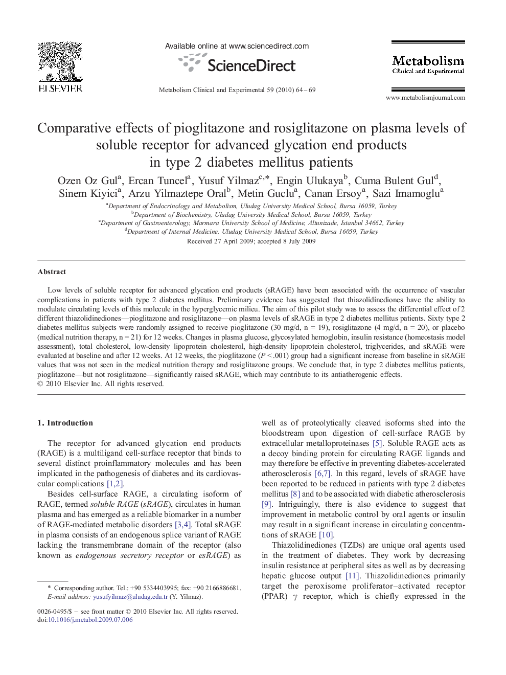Comparative effects of pioglitazone and rosiglitazone on plasma levels of soluble receptor for advanced glycation end products in type 2 diabetes mellitus patients