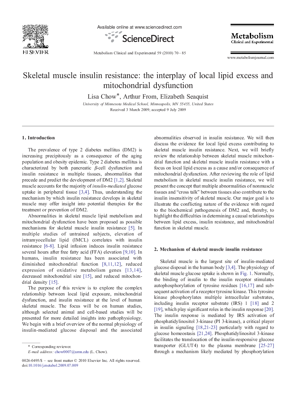 Skeletal muscle insulin resistance: the interplay of local lipid excess and mitochondrial dysfunction
