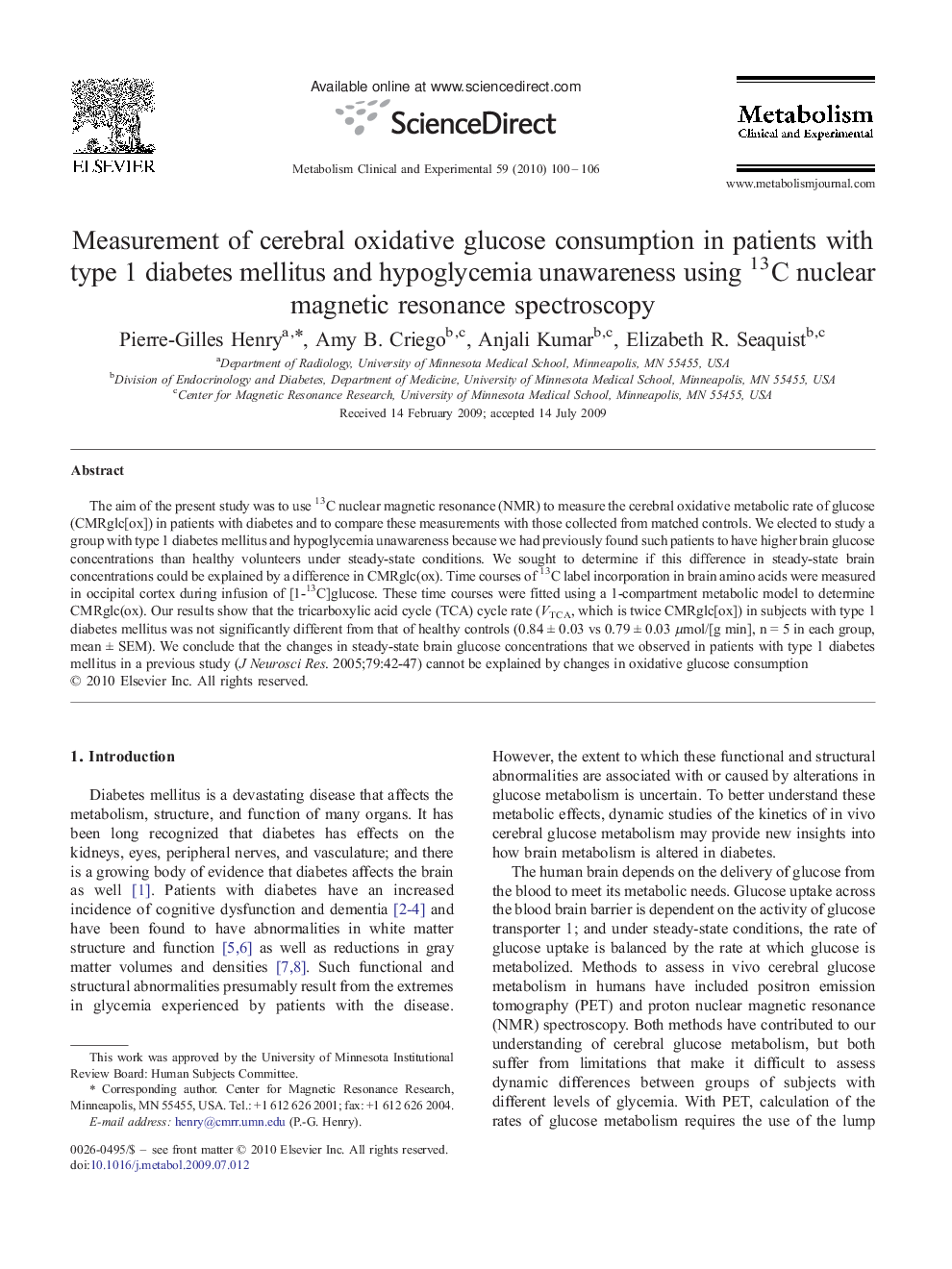 Measurement of cerebral oxidative glucose consumption in patients with type 1 diabetes mellitus and hypoglycemia unawareness using 13C nuclear magnetic resonance spectroscopy 