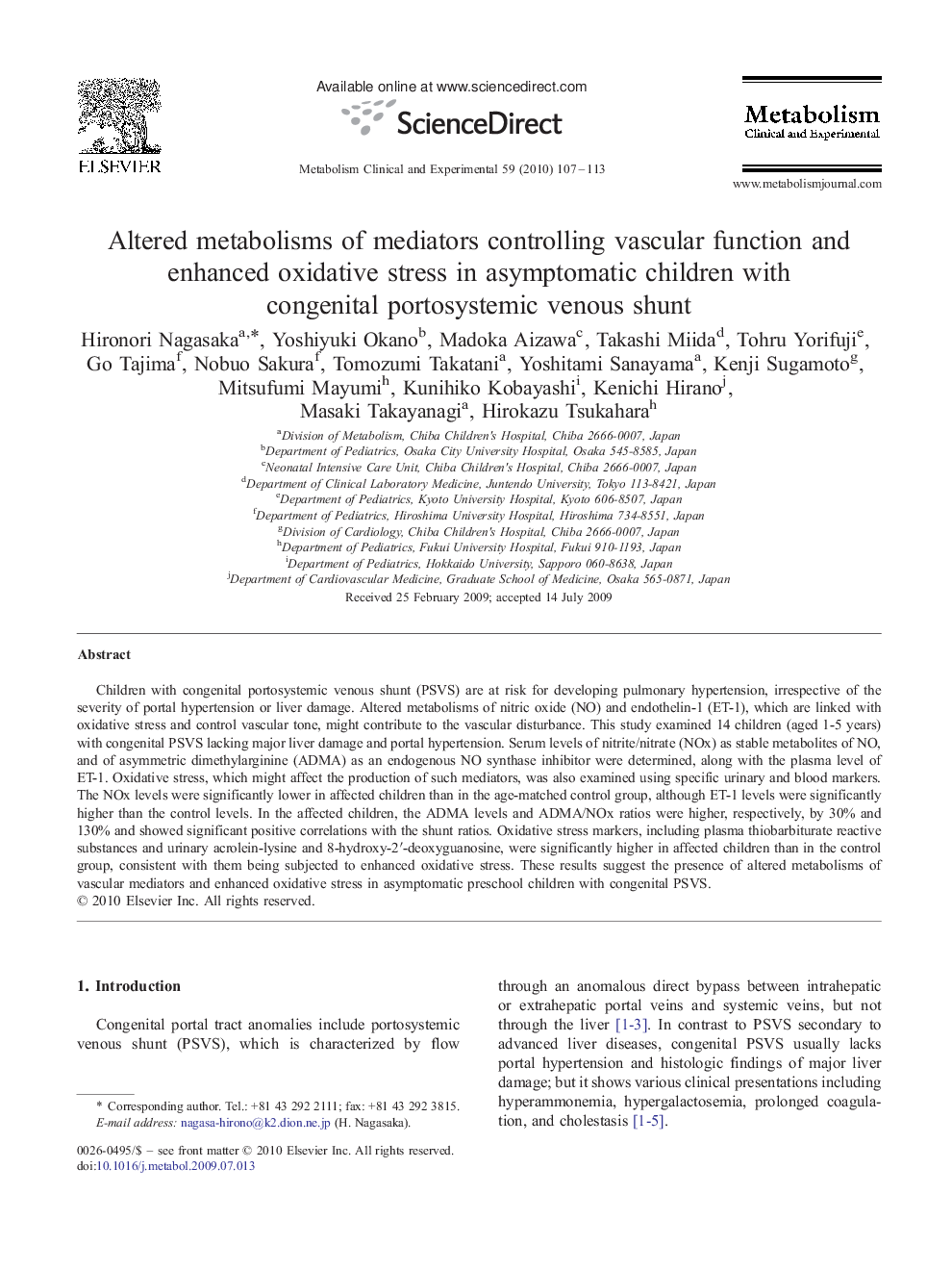 Altered metabolisms of mediators controlling vascular function and enhanced oxidative stress in asymptomatic children with congenital portosystemic venous shunt