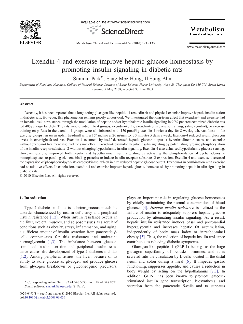Exendin-4 and exercise improve hepatic glucose homeostasis by promoting insulin signaling in diabetic rats