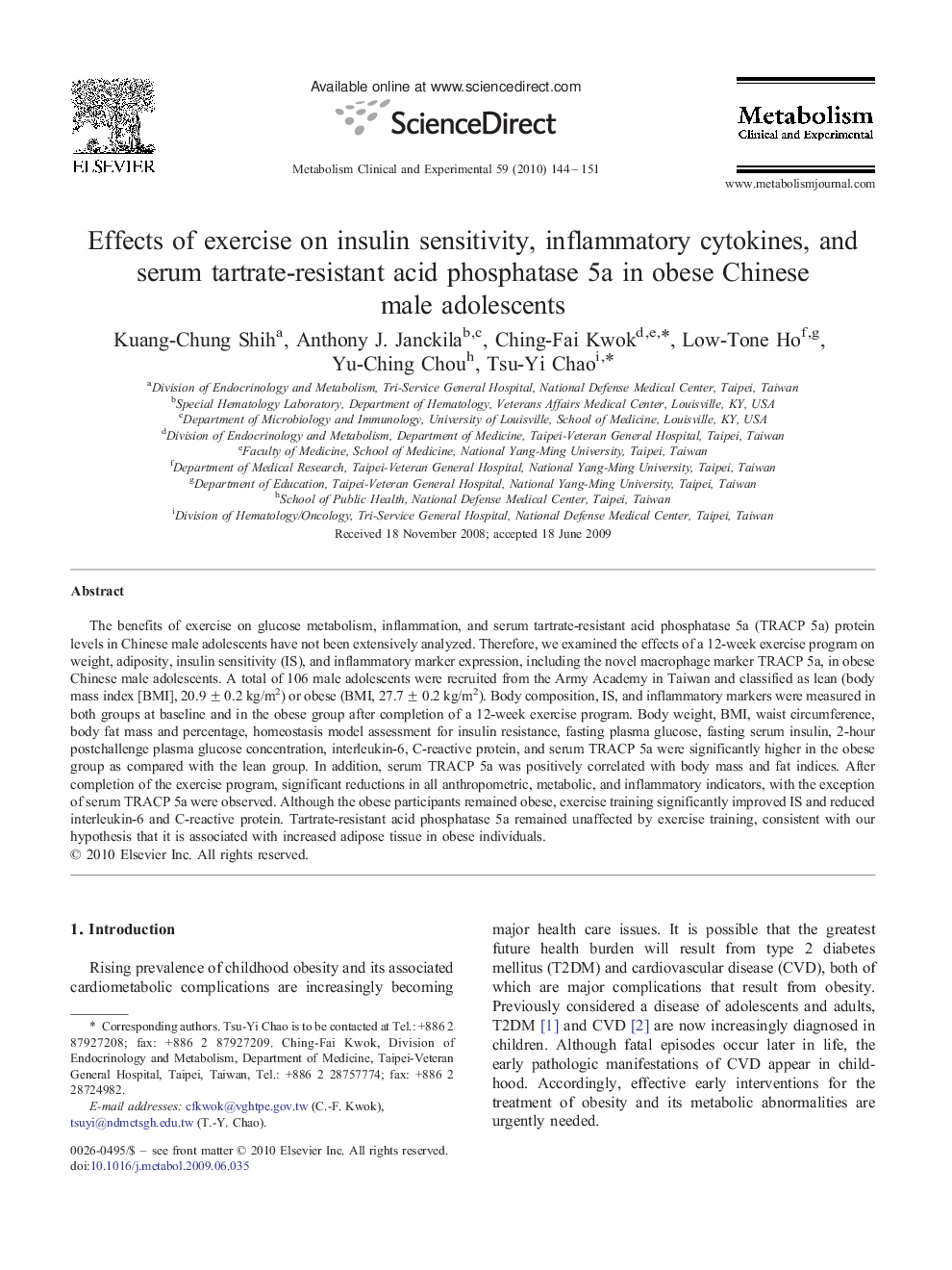 Effects of exercise on insulin sensitivity, inflammatory cytokines, and serum tartrate-resistant acid phosphatase 5a in obese Chinese male adolescents